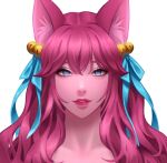  1girl ahri_(league_of_legends) animal_ear_fluff animal_ears bangs bell breasts collarbone facial_mark fox_ears green_eyes green_ribbon hair_bell hair_ornament hair_ribbon league_of_legends long_hair looking_at_viewer parted_lips portrait ribbon sella_423 simple_background smile solo spirit_blossom_(league_of_legends) spirit_blossom_ahri teeth white_background 