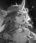  1girl absurdres aling_(shanatans) bangs bare_shoulders black_background breasts cleavage closed_mouth collarbone gradient gradient_background greyscale hair_ornament highres horns league_of_legends long_hair monochrome single_horn skindentation solo soraka_(league_of_legends) star_(symbol) star_guardian_(league_of_legends) star_guardian_soraka 