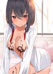  1girl absurdres black_hair blush breasts breasts_out chocolate_on_breasts closed_mouth collarbone collared_shirt commentary_request food food_on_face hair_between_eyes heart heart_pillow highres indoors leaning_forward long_sleeves looking_at_viewer medium_breasts memekko naked_shirt one-piece_tan original pillow red_eyes shirt short_hair solo tan tanlines valentine white_shirt window 