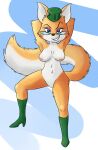  2022 anthro areola bedroom_eyes boots breasts canid canine clothing elbow_tufts eyebrows eyelashes eyewear female footwear fox genitals glasses hands_behind_head hat headgear headwear hi_res high_heeled_boots high_heels looking_at_viewer lt._fox_vixen mammal narrowed_eyes navel nipples pussy seductive smile smirk solo squirrel_and_hedgehog stellarfalcon 