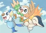  :d closed_eyes cloud commentary_request cyndaquil day fangs grey_eyes highres holding holding_shell matata no_humans open_mouth oshawott outdoors pokemon pokemon_(creature) rowlet shell sky smile starter_pokemon_trio tongue 