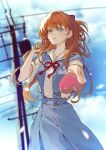 1girl blue_eyes blue_skirt blue_sky blurry blurry_background box cloud commentary_request cowboy_shot fadingz hand_in_hair hand_up heart-shaped_box highres incoming_gift interface_headset light_particles long_hair looking_at_viewer neck_ribbon neon_genesis_evangelion orange_hair outdoors parted_lips power_lines red_ribbon ribbon school_uniform shirt short_sleeves signature skirt sky solo souryuu_asuka_langley suspender_skirt suspenders tokyo-3_middle_school_uniform_(evangelion) utility_pole valentine white_shirt 