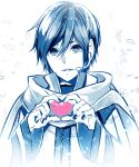  1boy blue_eyes blue_hair blue_nails coat commentary falling_petals headset heart heart_hands highres kaito_(vocaloid) kaito_(vocaloid3) male_focus monochrome petals scarf solo spot_color sugahara_ryuu vocaloid white_background 