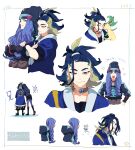  2boys :d adaman_(pokemon) beanie bendan-daizi black_choker black_headwear blue_coat blue_hair braid choker closed_mouth coat commentary_request crossed_arms hat highres imitating leafeon long_hair male_focus melli_(pokemon) messy_hair multiple_boys multiple_views open_mouth pokemon pokemon_(creature) pokemon_(game) pokemon_legends:_arceus simple_background smile standing teeth tied_hair translation_request twin_braids upper_teeth white_background 