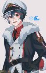  1boy alternate_eye_color coat fur-trimmed_coat fur_trim gloves hat highres ka_i_to0 kaito_(vocaloid) long_sleeves male_focus red_eyes smile solo vocaloid yuki_kaito 