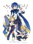  ^_^ ^o^ blonde_hair blue_eyes blue_hair bow closed_eyes coat food hair_bow hair_ornament hairclip happy_birthday hazime highres ice_cream kagamine_len kagamine_rin kaito_(vocaloid) kaito_(vocaloid3) long_sleeves scarf short_hair short_sleeves shorts vocaloid 