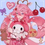  1girl alternate_costume animal_ears bangs blush candy cherry cherry_blossom_print choker earrings emoji floral_print food fox_ears fruit genshin_impact hair_ornament hairclip heart jewelry lavelis lollipop long_hair low-tied_long_hair my_melody pink_hair pink_nails purple_eyes ring sanrio solo stuffed_animal stuffed_bunny stuffed_toy tongue yae_miko 