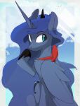  absurd_res blue_body blue_fur blue_hair chest_tuft crown equid equine eyebrows feathered_wings feathers female feral friendship_is_magic fur hair hasbro hi_res horn mammal my_little_pony princess_luna_(mlp) ribbons sitting smile solo therealf1rebird tuft winged_unicorn wings 