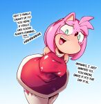  2022 amy_rose anthro blue_background bodily_fluids box_chan breasts clothed clothing dialogue dress english_text eulipotyphlan female hair hands_behind_back hedgehog hi_res leaning leaning_forward legwear looking_at_viewer mammal nervous_smile nipple_outline open_mouth open_smile pink_hair red_clothing red_dress sega simple_background smile solo sonic_the_hedgehog_(series) sweat talking_to_viewer text thigh_highs 