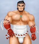  1boy abs bara bulge chest_hair covered_abs covered_navel cowboy_shot d0iii0b forked_eyebrows frown fundoshi hachimaki headband japanese_clothes large_pectorals long_sideburns looking_at_viewer magatama magatama_necklace male_focus mature_male midriff_sarashi muscular muscular_male navel nejiri_hachimaki nipples pectorals sarashi short_hair sideburns solo stomach tajikarao_(housamo) thick_eyebrows thick_thighs thighs tokyo_afterschool_summoners topless_male tusks 