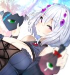  1girl bag bangs bat_wings blurry bow breasts cleavage closed_mouth depth_of_field dutch_angle green_eyes grey_hair hair_ornament heart highres holding holding_bag large_breasts looking_at_viewer original outdoors pink_eyes red_bow short_hair silk smile solo spider_web tousen tree upper_body valentine virtual_youtuber wings 