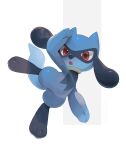  :o arm_up commentary_request creature highres kikuyoshi_(tracco) leg_up no_humans open_mouth pokemon pokemon_(creature) red_eyes riolu shiny shiny_skin solo white_background 