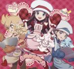  1girl 2boys :d alcremie alcremie_(strawberry_sweet) apron bangs barry_(pokemon) blonde_hair blue_shirt bowl box brown_hair brown_pants brown_shirt chef_hat chinese_commentary commentary_request cooking dawn_(pokemon) dress hands_up hat heart heart-shaped_box holding holding_bowl huan_li knees_together_feet_apart leg_warmers lucas_(pokemon) multiple_boys official_alternate_costume oven_mitts pants pokemon pokemon_(game) pokemon_dppt pokemon_masters_ex red_dress red_footwear red_mittens shirt shoes short_hair short_sleeves smile w_arms white_headwear 