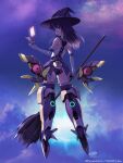  1girl alice_gear_aegis artist_name aruga_nana black_hair commentary_request company_name copyright ebikawa_kanetake elbow_gloves gloves hat holding holding_weapon looking_back mecha_musume signature sky solo staff star_(sky) starry_sky tarot weapon white_gloves witch_hat 