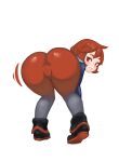  1girl absurdres arezu_(pokemon) ass ass_focus ass_shake bent_over blush from_behind highres looking_at_viewer looking_back pantyhose pokemon pokemon_(game) pokemon_legends:_arceus red_eyes red_hair red_legwear short_hair simple_background smile solo white_background 