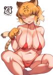  1girl absurdres animal_ears animal_hands bikini blonde_hair breasts fang gloves highres iparuputsua kemono_friends large_breasts micro_bikini open_mouth paw_gloves red_bikini short_hair simple_background skin_fang slit_pupils solo spread_legs squatting swimsuit tail tiger_(kemono_friends) tiger_ears tiger_girl tiger_tail white_background yellow_eyes 