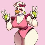  absurd_res accessory anthro avian breasts female five_nights_at_freddy&#039;s five_nights_at_freddy&#039;s:_security_breach gesture glamrock_chica_(fnaf) hair_accessory hair_bow hair_ribbon hi_res one_eye_closed ribbons scottgames simple_background solo v_sign video_games wink 