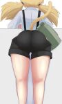  1girl absurdres ass back blonde_hair cat_tail commentary feet_out_of_frame from_behind girls&#039;_frontline highres idw_(girls&#039;_frontline) leaning_on_table legs medium_hair pouch shirt shorts sleeves_rolled_up solo suspenders tail twintails white_shirt yonao 