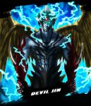  1boy angel angel_wings arm_blade blue_eyes character_signature commentary dark_persona demon_boy demon_wings devil_jin electricity english_commentary fallen_angel feathered_wings gloves glowing glowing_eyes highres large_wings mmduser23 monsterification muscular redesign tattoo tekken tekken_5 topless_male weapon wings yellow_wings 