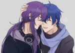  2boys black_shirt blue_hair blue_scarf closed_eyes commentary drawstring forehead-to-forehead grey_background hand_on_another&#039;s_head headphones headphones_around_neck heads_together hood hooded_jacket jacket kaito_(vocaloid) kamui_gakupo leaning_forward long_hair male_focus multiple_boys open_mouth ponytail purple_eyes purple_hair scarf shirt sidelocks simple_background smile sweat upper_body vocaloid yaoi yinnnn 