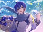  1boy attakaito_(vocaloid) backlighting blue_eyes blue_flower blue_hair blue_nails blue_rose blue_scarf bouquet character_name cloud cloudy_sky coat commentary confetti cube dated flower glowing half-closed_eyes hand_up happy_birthday headset highres holding holding_bouquet kaito_(vocaloid) looking_at_viewer male_focus nail_polish open_mouth outdoors parang_99 rose scarf sky smile solo sparkle vocaloid white_coat white_flower white_rose yellow_flower 