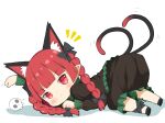  1girl :/ animal_ear_fluff animal_ears blush braid cat_ears cat_tail chibi commentary_request crys_(dai) extra_ears from_behind kaenbyou_rin long_hair looking_at_viewer looking_back multiple_tails nekomata notice_lines paw_pose pointy_ears red_eyes red_hair simple_background skull solo tail top-down_bottom-up touhou twin_braids twintails two_tails white_background 