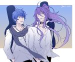  2boys belt_collar blue_hair blue_scarf closed_eyes collar commentary hands_in_pockets instrument_case instrument_on_back kaito_(vocaloid) kamui_gakupo long_hair looking_at_another male_focus multiple_boys one_eye_closed open_mouth ponytail purple_eyes purple_hair scarf shirt smile standing upper_body vocaloid white_shirt yinnnn 