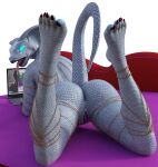  android anthro bbdworks chain colored_nails computer feet female glowing glowing_eyes hi_res humanoid laptop lying machine nails reptile robot scalie snake solo syndra(bbd-works) 