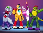  alligator alligatorid anthro avian bird canid canine canis chicken crocodilian female five_nights_at_freddy&#039;s five_nights_at_freddy&#039;s:_security_breach galliform gallus_(genus) glamrock_chica_(fnaf) glamrock_freddy_(fnaf) group hi_res male mammal montgomery_gator_(fnaf) phasianid raised_leg reptile roxanne_wolf_(fnaf) scalie scottgames skeletonguys-and-ragdolls ursid video_games wolf 