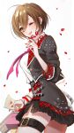  1girl ;d brown_eyes brown_hair candy chocolate food heart heart-shaped_chocolate highres holding holding_chocolate holding_food karakoro meiko necktie one_eye_closed project_sekai school_uniform short_hair sleeves_rolled_up smile solo thigh_strap vocaloid wristband 