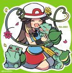  1girl :d bag black_wristband blue_shirt blush_stickers border brown_hair bulbasaur closed_eyes commentary_request eyelashes flower green_border hair_flaps hat highres kokashiho leaf_(pokemon) long_hair open_mouth petals pink_flower pokedex_number pokemon pokemon_(creature) pokemon_(game) pokemon_frlg red_skirt shirt shoulder_bag sidelocks sitting skirt sleeveless sleeveless_shirt smile twitter_username vs_seeker white_headwear wristband yellow_bag yellow_flower 