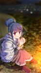  1girl absurdres blue_hair blurry blurry_background hair_bun highres night oekakiism outdoors own_hands_together purple_eyes shawl shima_rin sitting smile solo tent yurucamp 