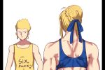  1boy 1girl ahoge artoria_pendragon_(fate) blonde_hair blue_ribbon braid clothes_writing earrings english_text fate/zero fate_(series) french_braid from_behind gilgamesh_(fate) hair_ribbon highres jewelry looking_at_another muscle_envy muscular muscular_female ooyun pillarboxed red_eyes ribbon saber simple_background sports_bra tank_top white_background 