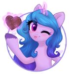  avrameow blue_hair blush candy chocolate dessert equid equine female feral food glowing glowing_horn hair hasbro hi_res holidays hooves horn izzy_moonbow_(mlp) magic mammal mlp_g5 my_little_pony one_eye_closed purple_body purple_eyes smile solo tongue tongue_out unicorn valentine&#039;s_day wink 