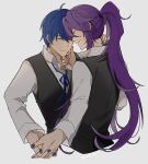  2boys ahoge black_vest blue_hair blue_nails blue_ribbon closed_eyes commentary cropped_torso dated formal from_behind hand_on_another&#039;s_chin holding_hands kaito_(vocaloid) kamui_gakupo long_hair male_focus multiple_boys nail_polish neck_ribbon ponytail purple_hair purple_nails ribbon shirt smile upper_body vest vocaloid white_shirt yaoi yinnnn 