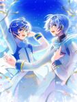  2boys :d blue_eyes blue_hair blue_theme coat dual_persona highres kaito_(vocaloid) kaito_(vocaloid3) long_sleeves male_focus multiple_boys party_popper scarf short_hair sky smile vocaloid xhinokox78 