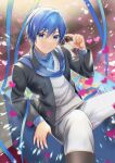  1boy blue_eyes blue_hair candy chocolate food heart heart-shaped_chocolate highres holding holding_chocolate holding_food jacket kaito_(vocaloid) kikuchi_mataha long_sleeves looking_at_viewer male_focus ribbon scarf smile solo vocaloid 