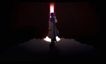  1boy backlighting blue_hair coat commentary curtains from_behind full_body hand_up kaito_(vocaloid) male_focus solo standing vocaloid white_coat wide_shot yinnnn 