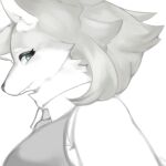  2020 anthro black_nose blue_eyes bust_portrait canid canine canis cheek_tuft clothing countershade_face countershading cute_fangs digital_media_(artwork) dress_shirt facial_tuft female fur grey_body grey_fur grey_hair grey_vest hair kemono mammal multicolored_body multicolored_fur necktie nuk_sun portrait shirt short_hair side_view simple_background solo topwear tuft two_tone_body two_tone_fur vest white_background white_body white_clothing white_countershading white_shirt white_topwear wolf 