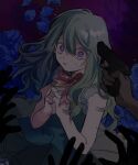  1girl ababuababeababa blue_flower blue_rose disembodied_limb flower grey_hair gun highres hitobashira_alice_(vocaloid) kusanagi_nene own_hands_clasped own_hands_together petals project_sekai purple_eyes ribbon rose scared sleeveless solo weapon 