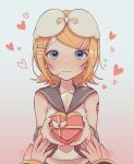  1boy 1girl bare_shoulders blonde_hair blue_eyes blush bow box box_of_chocolates crop_top detached_sleeves flying_heart food gift hair_bow hair_ornament hairclip headphones headset heart-shaped_box highres holding holding_box holding_food holding_gift kagamine_len kagamine_rin midriff nervous out_of_frame pov pov_hands sailor_collar sazanami_(ripple1996) shirt shoulder_tattoo sleeveless sleeveless_shirt solo_focus tattoo treble_clef upper_body valentine vocaloid wavy_mouth 