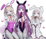  3girls akamatsu_kaede animal_ears animal_hood bangs bare_shoulders black_gloves black_leotard black_ribbon braid breasts brown_eyes brown_hair brown_necktie bunny_hood cleavage collarbone danganronpa:_trigger_happy_havoc danganronpa_(series) danganronpa_2:_goodbye_despair danganronpa_v3:_killing_harmony detached_collar etanoku fake_animal_ears fishnet_legwear fishnets frills gloves hair_ribbon hand_up hands_up heart highres holding hood kirigiri_kyouko leotard long_hair medium_breasts mole mole_on_breast multiple_girls nanami_chiaki necktie pantyhose pink_hair pink_leotard rabbit_ears red_necktie ribbon shiny shiny_hair short_necktie side_braid simple_background skindentation smile thighhighs white_background white_leotard wrist_cuffs 