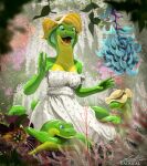  anthro apode clothing draconcopode dress fangs female flower forked_tongue hi_res legless multi_head plant reptile scalie serpentine snake solo sun_hat sundress sylene_(blissey1) tongue tongue_out yacrical 