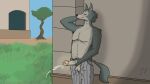  anthro beastars big_penis blush bodily_fluids canid canine canis cum dirty ejaculation exhibitionism eyes_closed foreskin genital_fluids genitals hi_res legoshi_(beastars) male mammal masturbation mrramone penis public public_nudity shirtless shirtless_male smegma solo solo_focus tail_motion tailwag tongue tongue_out wolf 