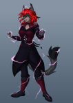  absurd_res anthro clothing dark_clothing domestic_cat elwyna_(za-owl) felid feline felis female fist flowing_hair gradient_background grin hair hi_res magic mammal pupils purple_eyes red_hair simple_background slit_pupils smile solo sparks standing teeth za-owl 