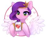  accessory avrameow blush equid equine eyelashes female feral green_eyes hair hair_accessory hasbro hi_res holidays hooves looking_down mammal mlp_g5 my_little_pony pegasus phone pink_body pipp_petals_(mlp) purple_hair solo valentine&#039;s_day wings 