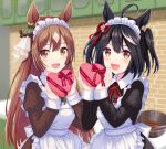  2girls ahoge alternate_costume animal_ears apron black_hair blush breasts brown_hair enmaided gift hair_between_eyes hair_ornament highres horse_ears horse_girl horse_tail kitasan_black_(umamusume) kitchen long_hair looking_at_viewer maid maid_headdress medium_breasts medium_hair multiple_girls red_eyes sakurakkuma satono_diamond_(umamusume) tail umamusume valentine 