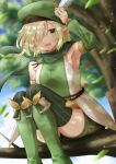  1girl adjusting_clothes adjusting_headwear aoi_(princess_connect!) armpits beret blonde_hair blurry blurry_background boots detached_sleeves elf green_footwear green_theme hair_over_one_eye hat highres in_tree looking_at_viewer medium_hair open_mouth pointy_ears princess_connect! scarf sitting sitting_in_tree solo striped striped_legwear thigh_boots thighhighs tree vertical-striped_legwear vertical_stripes yamano_rokamizu yellow_eyes 