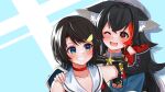  2girls ;d animal_ear_fluff animal_ears bangs bell black_hair blue_eyes blue_shirt blush brown_eyes brown_hair cape commentary_request cosplay costume_switch daichi_(daichi_catcat) detached_sleeves eyebrows_visible_through_hair grin hair_ornament hairclip hand_on_another&#039;s_cheek hand_on_another&#039;s_face hand_on_another&#039;s_shoulder highres hololive jingle_bell long_hair long_sleeves looking_at_another multicolored_hair multiple_girls one_eye_closed ookami_mio ookami_mio_(cosplay) oozora_subaru oozora_subaru_(cosplay) red_cape red_hair sailor_collar shirt short_hair simple_background smile streaked_hair virtual_youtuber white_sailor_collar wolf_ears 