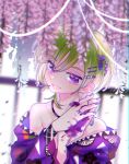  1boy dear_vocalist flower green_hair hair_flower hair_ornament hairclip highres japanese_clothes jeje_(pixiv60670177) jewelry looking_at_viewer looking_to_the_side momochi_(dear_vocalist) nail_polish pale_skin purple_eyes ring smile 